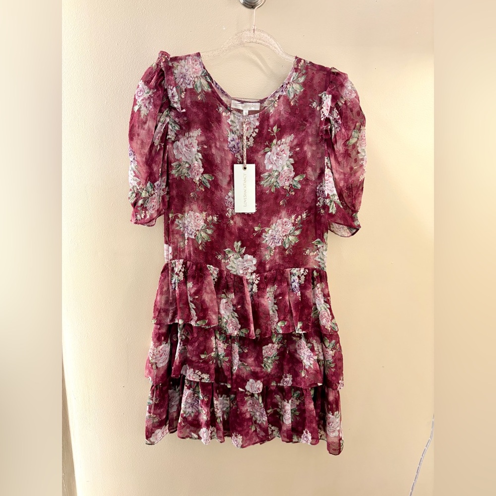 NEW LoveShackFancy Mini Silk Ruffled Floral Burgundy Saddle Red Cata Dress M